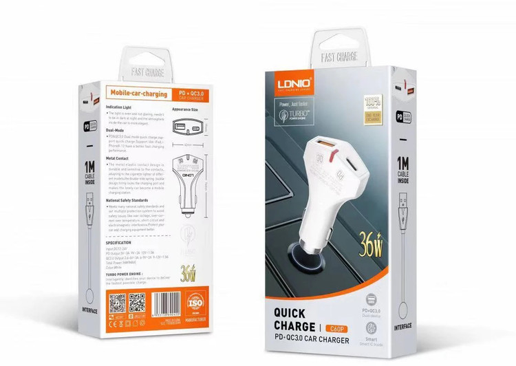 شارژر فندکی LDNIO مدل C60P ویژگی PD خروجی 36 وات بهمراه کابل اصلی تایپ سی